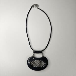 CHICO'S Necklace Black Stone & Pewter Tone Pendant Black Cord Chain